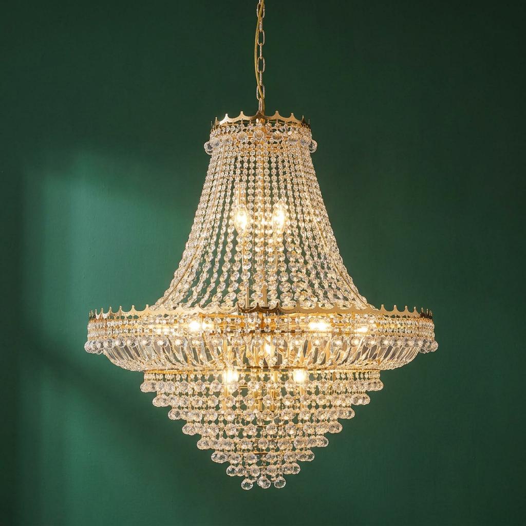 Large Versailles 19-light gold and clear crystal chandelier illuminated against a dark green wall.