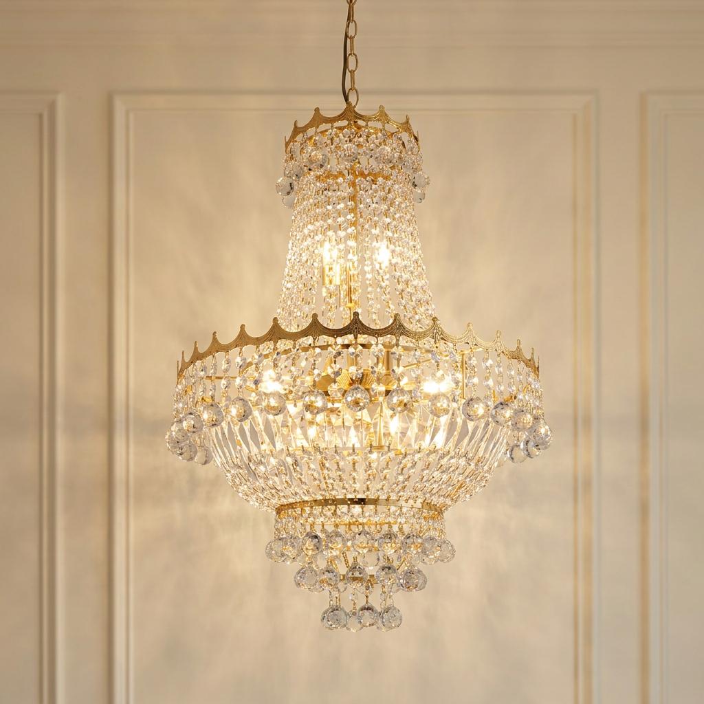 Versailles 9 Light gold and crystal chandelier illuminated against a cream-paneled wall.