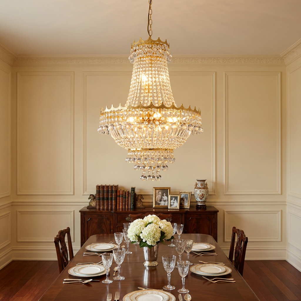 Ornate Versailles gold and crystal chandelier suspended over a formal dining room table with place settings.