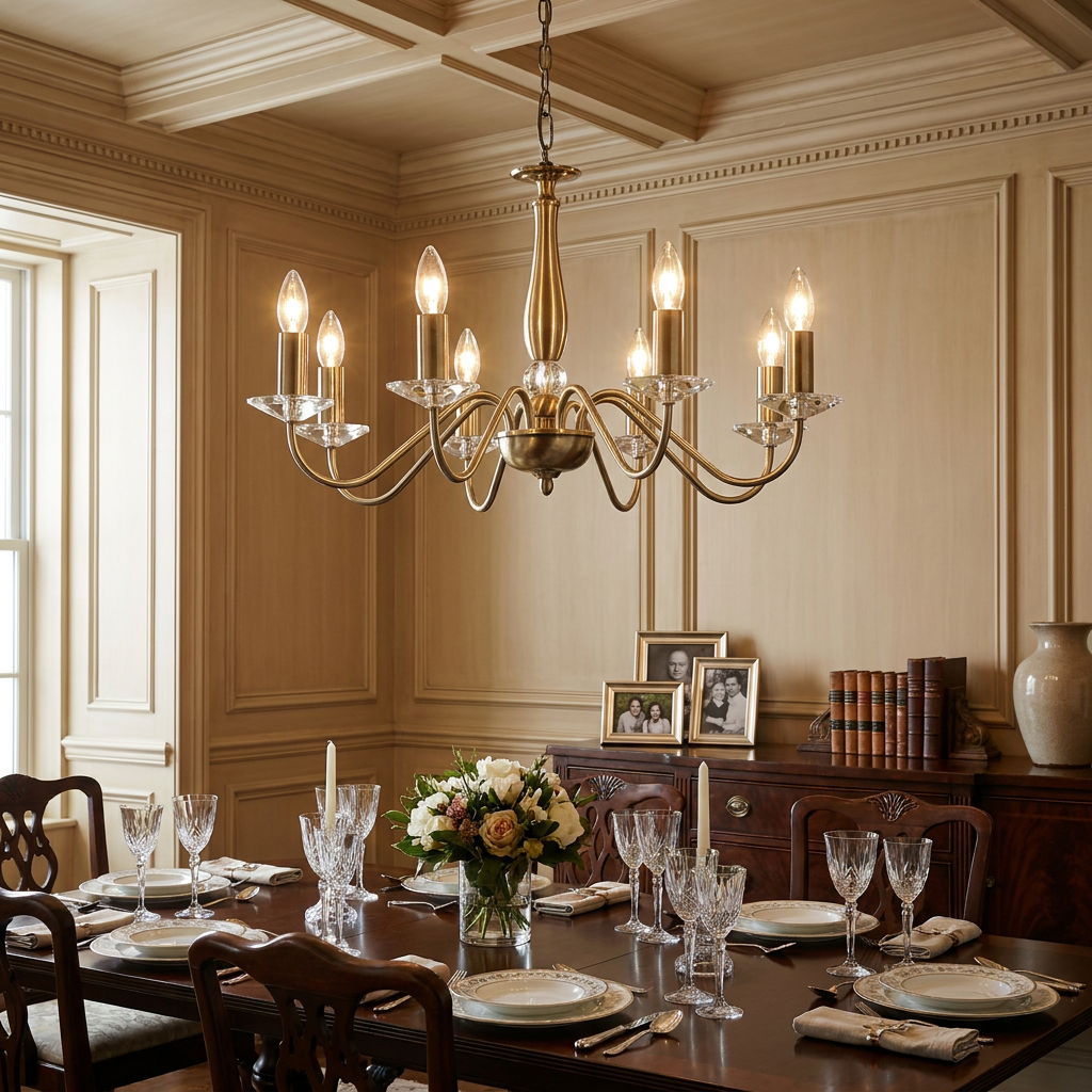 An 8-light antique brass candle-style chandelier with crystal accents hanging above a formally set dining table.