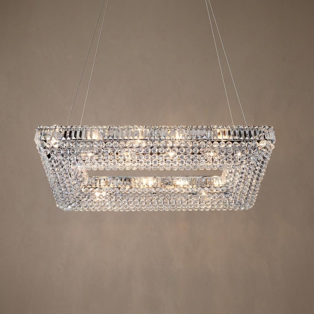 Rectangular crystal and chrome pendant light with shimmering beads glowing against a neutral backdrop.