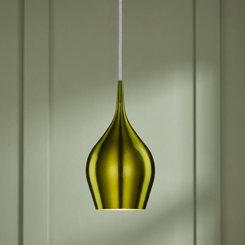 A vibrant lime green teardrop-shaped pendant light hanging against a pale green paneled wall.