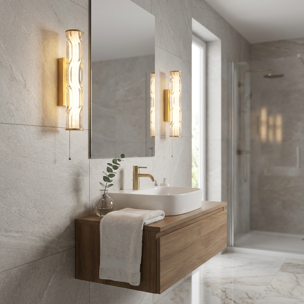 Pair of gold LED wall lights with textured glass shades flanking a mirror in a modern bathroom.