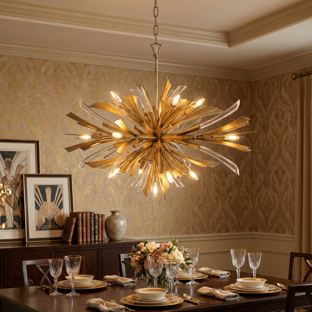 Vida 13 light starburst gold pendant light hanging over an elegant dining table with patterned wallpaper background.