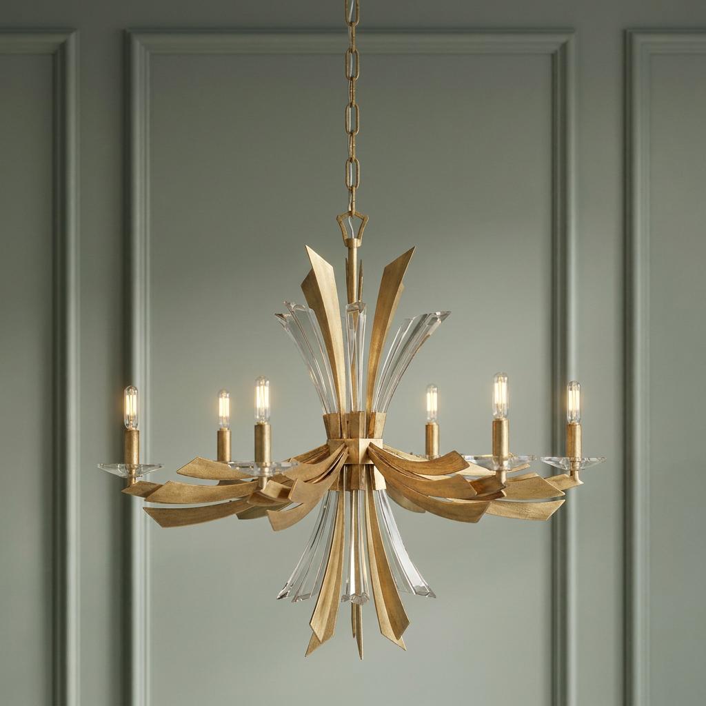 Modern 6-light gold chandelier with crystal accents and curved metal leaves against a paneled wall.