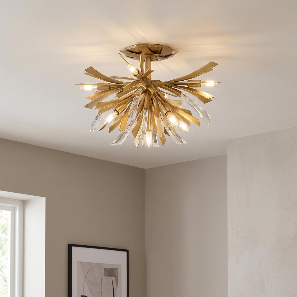 Vida 9 light gold semi-flush ceiling light with a sunburst design of metal and crystal accents in a neutral room.