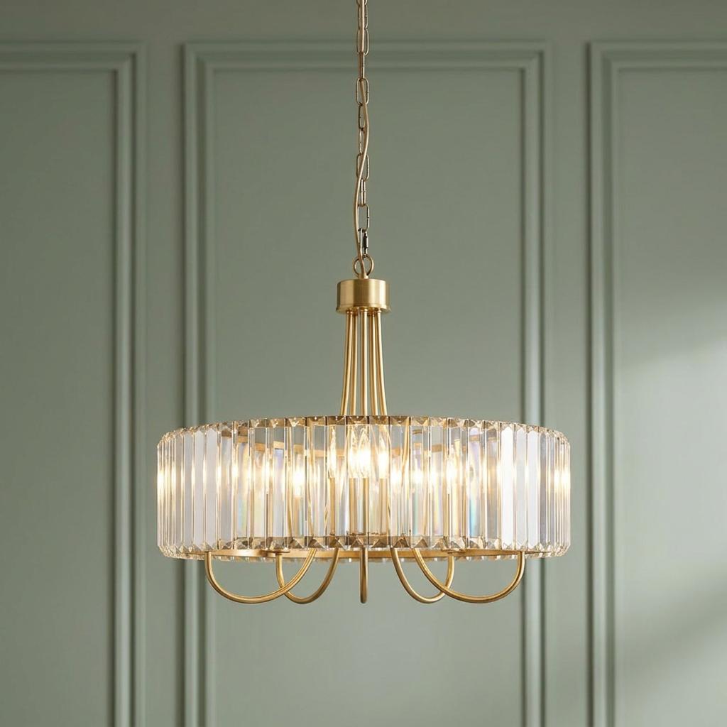 A Visconti brass and clear glass 5-light pendant hangs against a sage green paneled wall.
