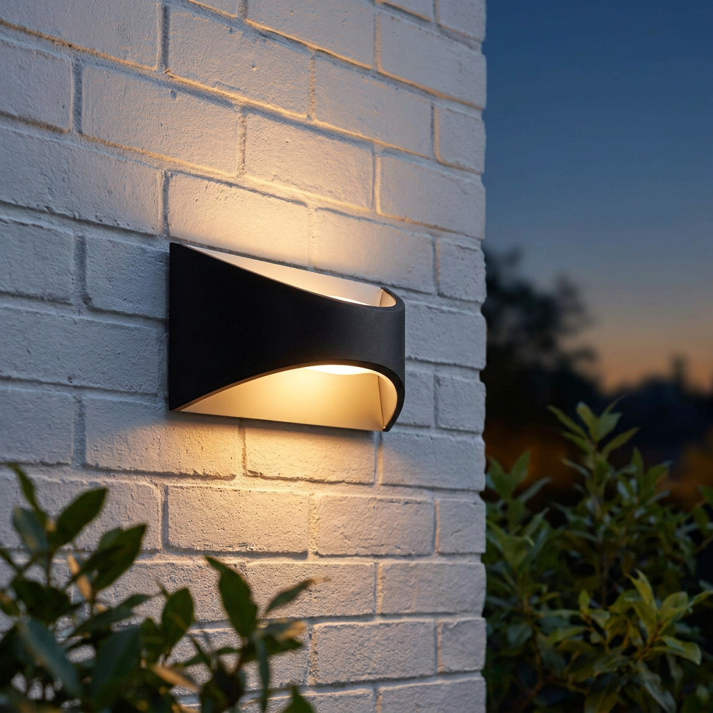 Modern black curved outdoor wall light with warm up and down glow on a white brick wall.