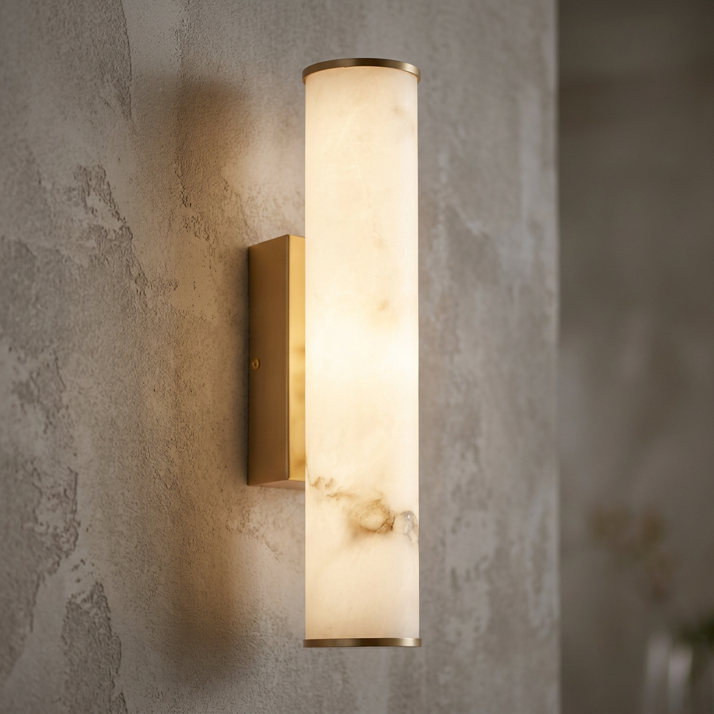 Cylindrical wall light with a glowing marble resin shade and matt gold accents mounted on a textured grey wall.