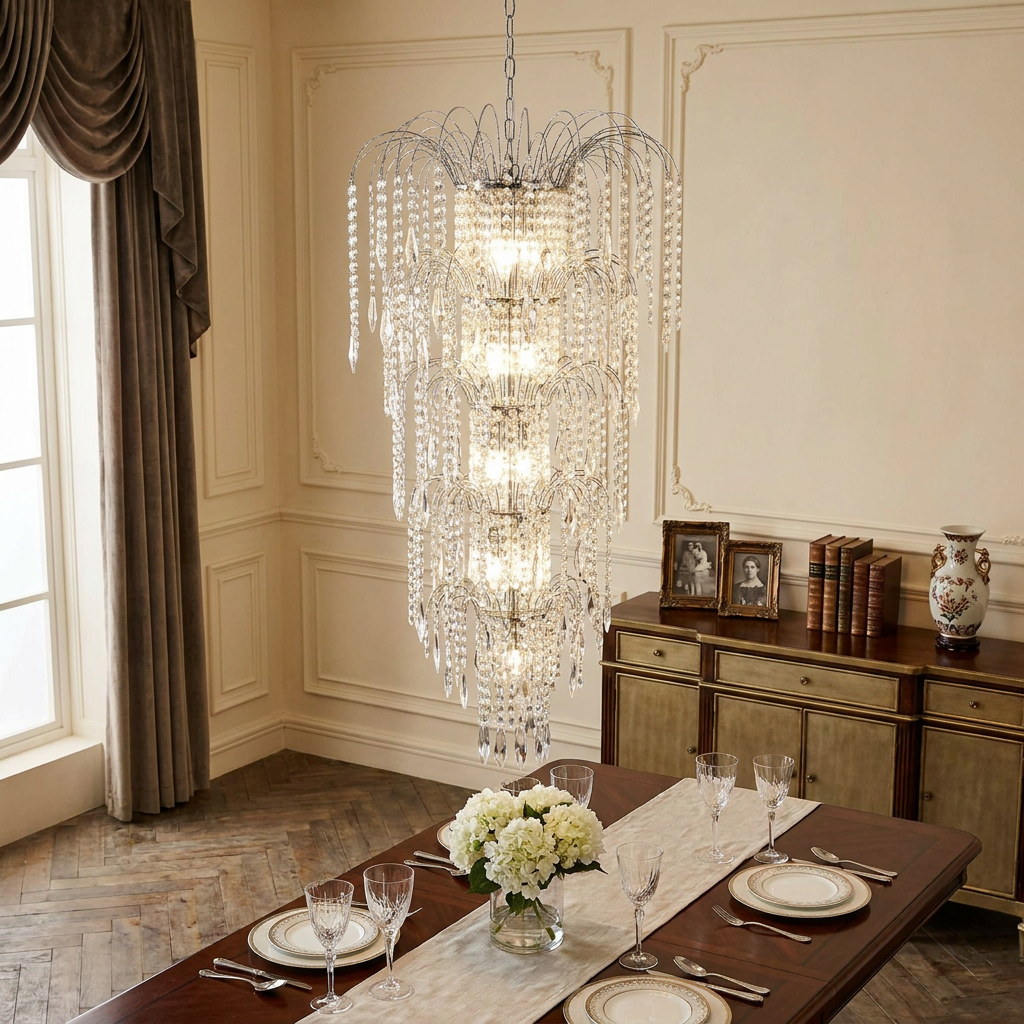Waterfall 13-light chrome and crystal tiered chandelier hanging above an elegantly set dining table.