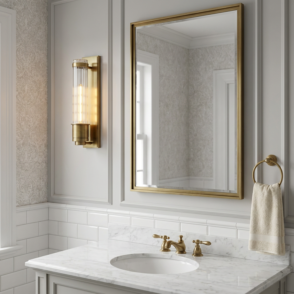 Aged brass wall light with fluted glass cylinder mounted on a paneled bathroom wall next to a gold-framed mirror.