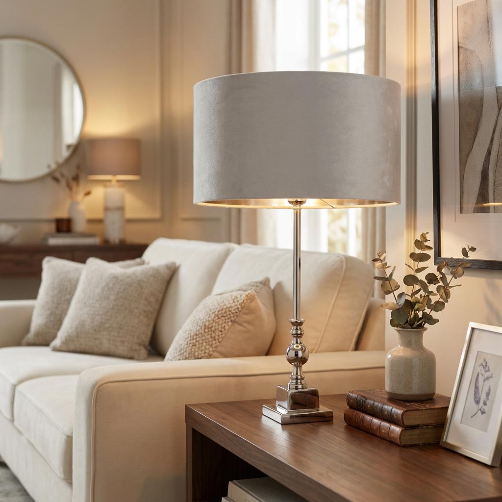 Chrome metal table lamp with a light grey velvet shade on a wooden side table in a neutral-toned living room.