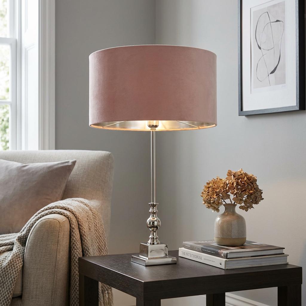 Whitby table lamp with a polished chrome base and pink velvet drum shade on a dark wood side table.