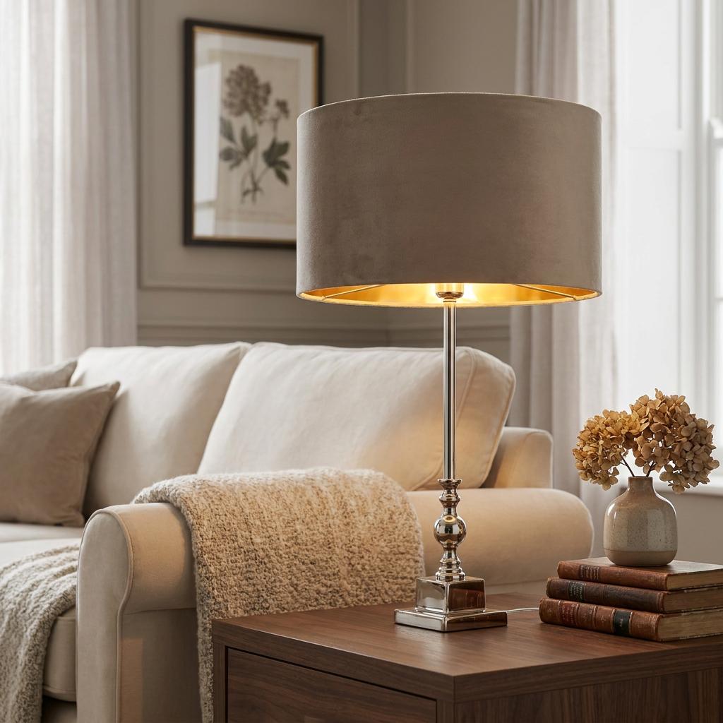 Whitby table lamp with a chrome base and taupe velvet drum shade glowing on a wooden side table in a living room.