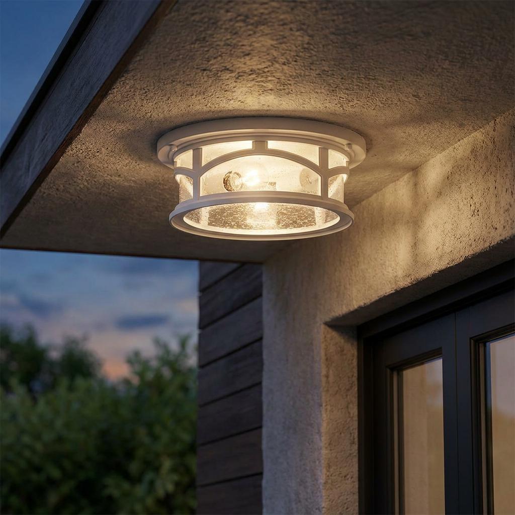 White circular flush-mount outdoor light with seeded glass and arched frame glowing on a porch ceiling at dusk.