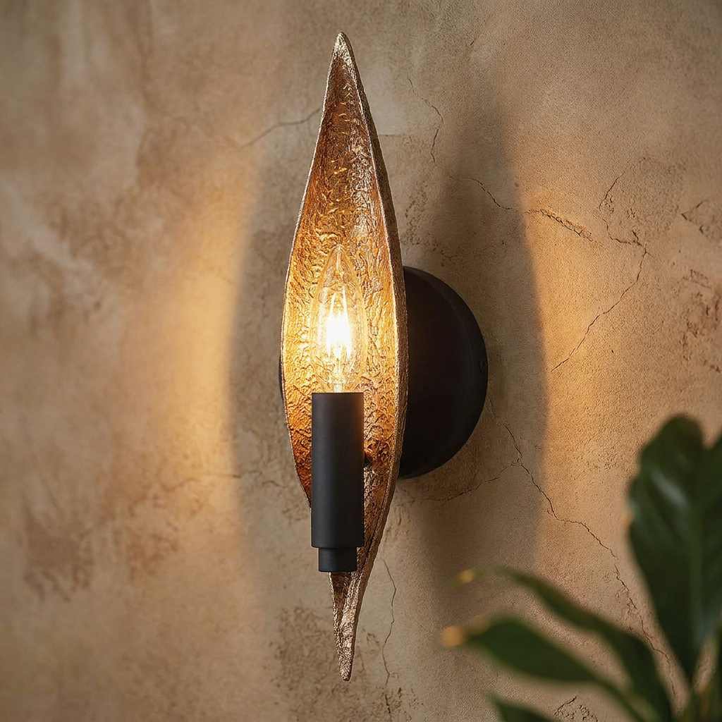 A single candle-style bulb sits against a textured gold leaf-shaped backplate on a rustic neutral wall.