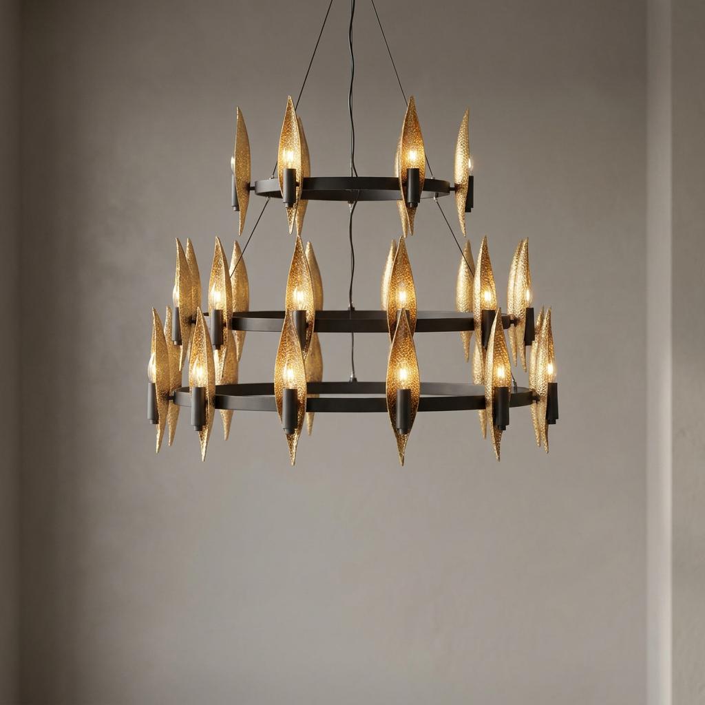 Three-tier black metal chandelier with hammered gold leaf-shaped shades glowing against a neutral background.