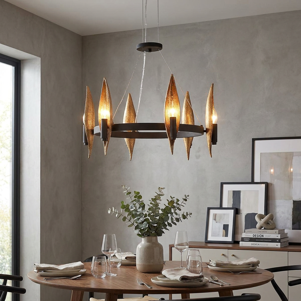 Willow 6 Light Chandelier with bronze leaf accents hanging over a dining table in a modern grey-walled room.