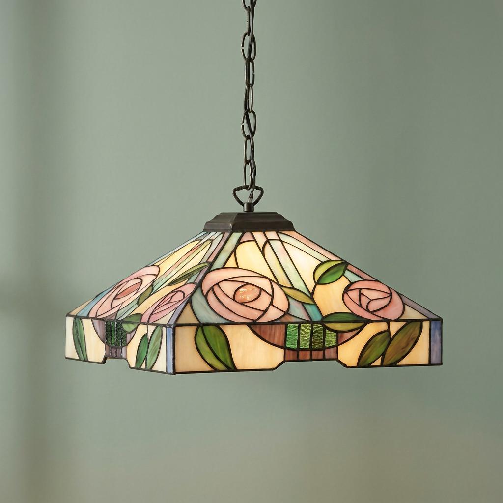 Willow Medium Tiffany ceiling light with a pink rose floral stained glass shade hanging from a dark chain.