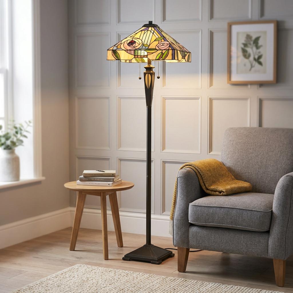 Willow Tiffany floor lamp with a floral stained glass shade, next to a grey armchair in a paneled living room.