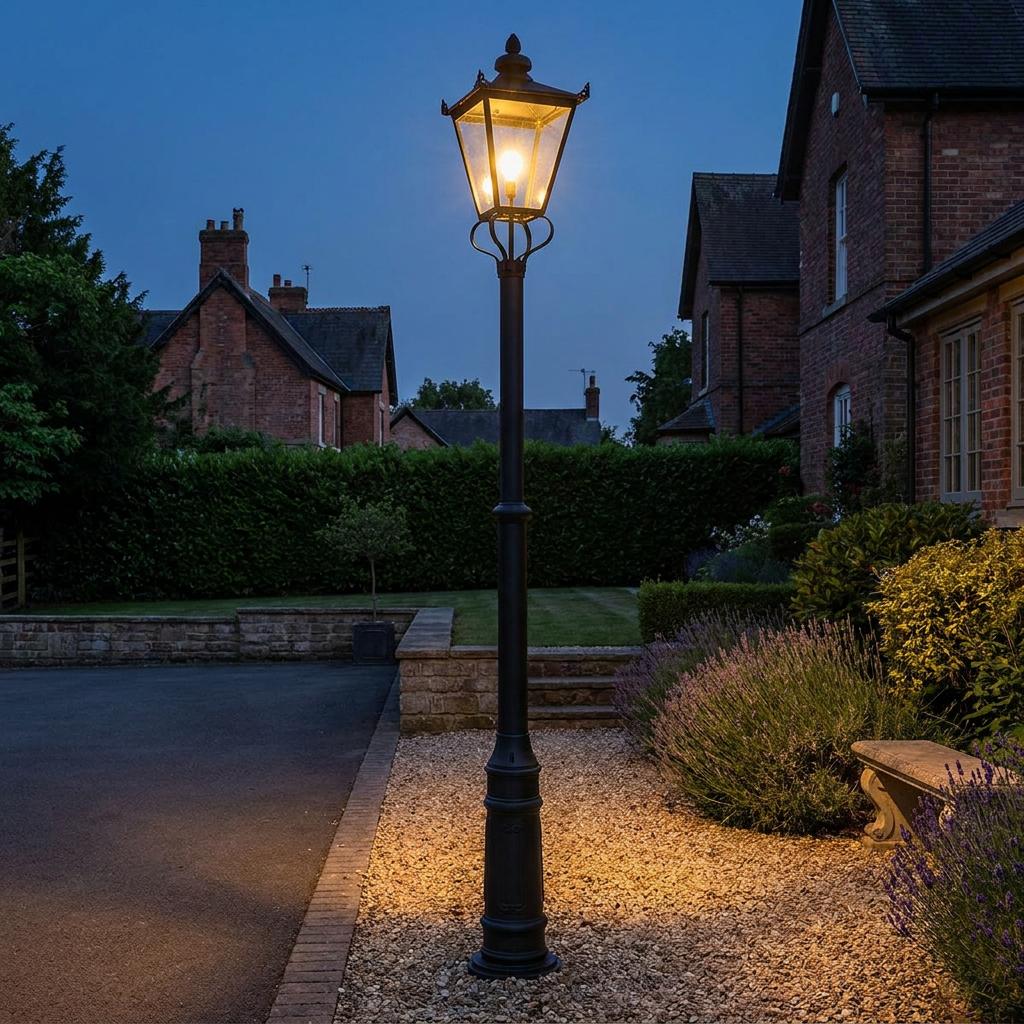 Black Wilmslow 1 Light Lamp Post with a warm glow in a landscaped residential garden at dusk.