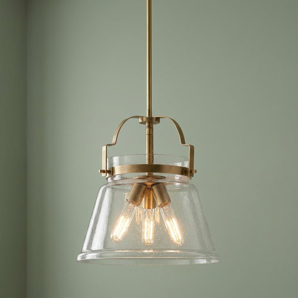 Wimberley brass pendant light featuring a tapered seeded glass shade and three glowing bulbs against a green wall.
