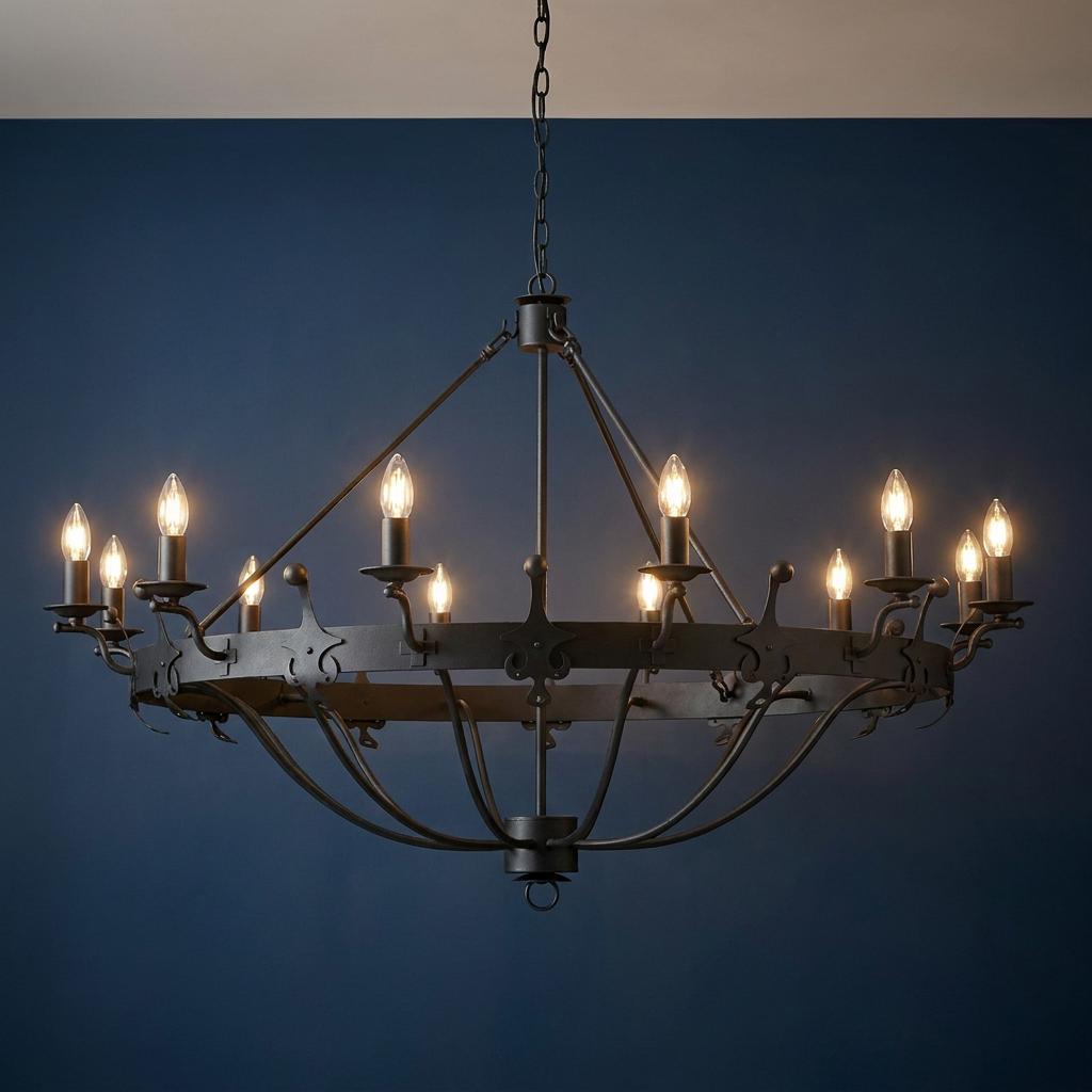 A 12-light graphite chandelier with a medieval hoop design and glowing bulbs against a dark blue wall.