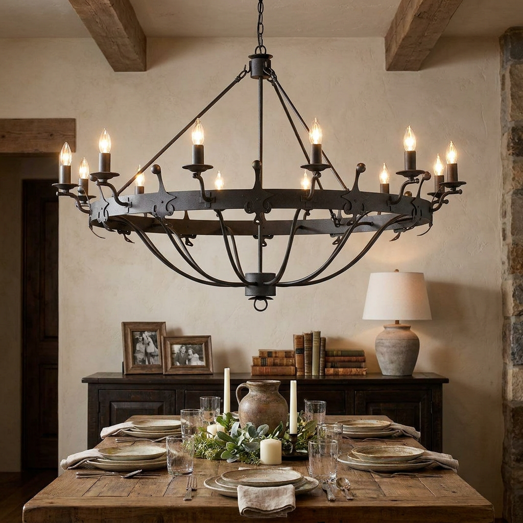 Windsor 12-light graphite chandelier hanging over a rustic wooden dining table in a cozy interior.