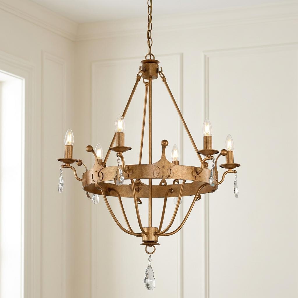 Windsor 6-light gold patina chandelier with crystal droplets and candle bulbs against a neutral wall.