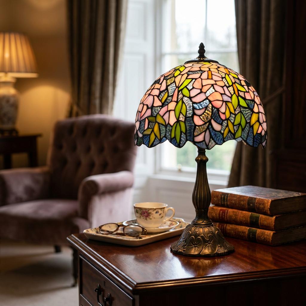 Wisteria Tiffany Lamp with a pink and blue floral stained glass shade on a dark wooden table in a cozy living room.
