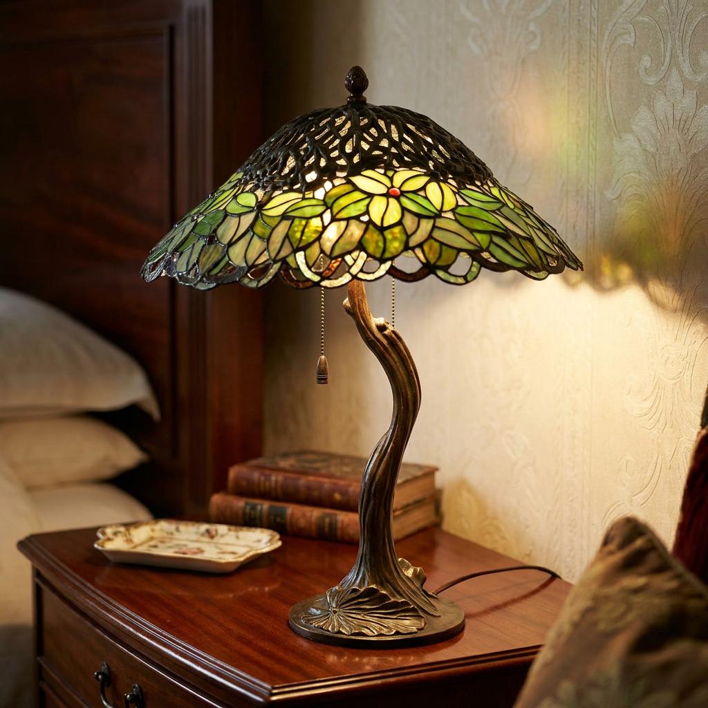 Illuminated Witney Tiffany Table Lamp with green floral shade and bronze tree-branch base on a bedside table.