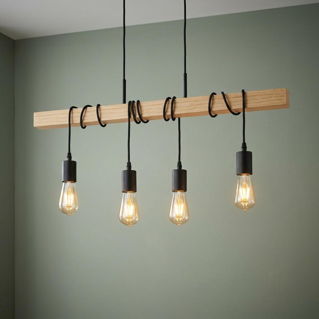 Woody 4 light black and ash wood ceiling pendant with exposed Edison bulbs wrapped around a natural timber beam.