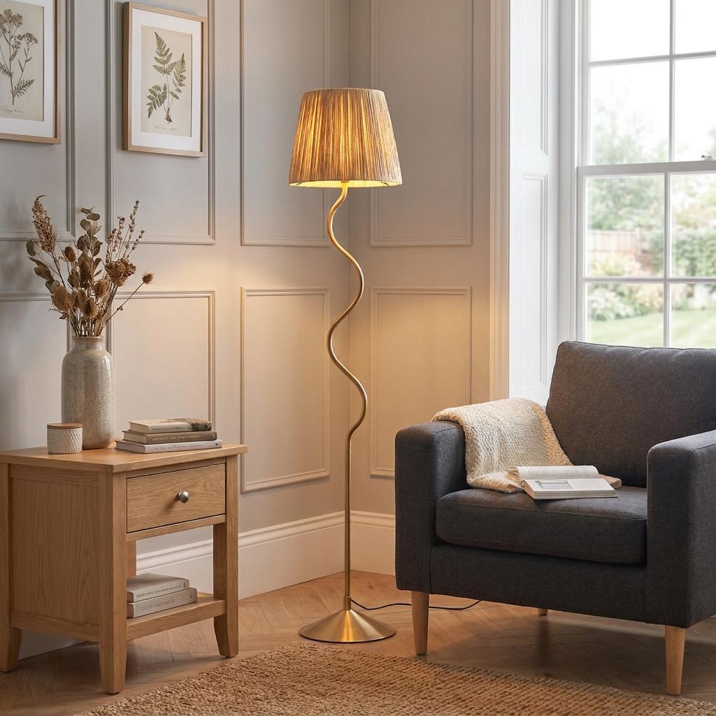 Sinuous brass floor lamp with a pleated shade standing in a bright living room next to a grey armchair.
