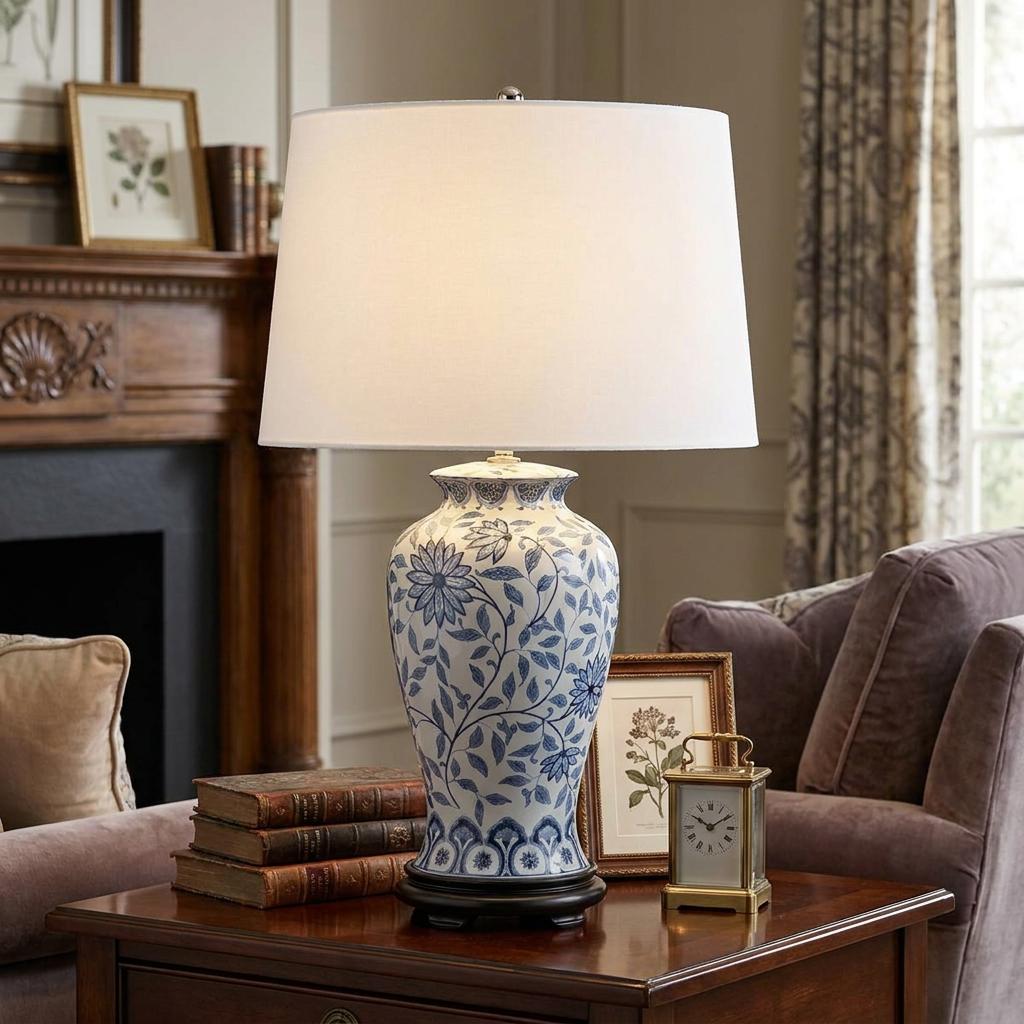 Ying Blue Ceramic Table Lamp with a floral-patterned base and white shade on a living room side table.