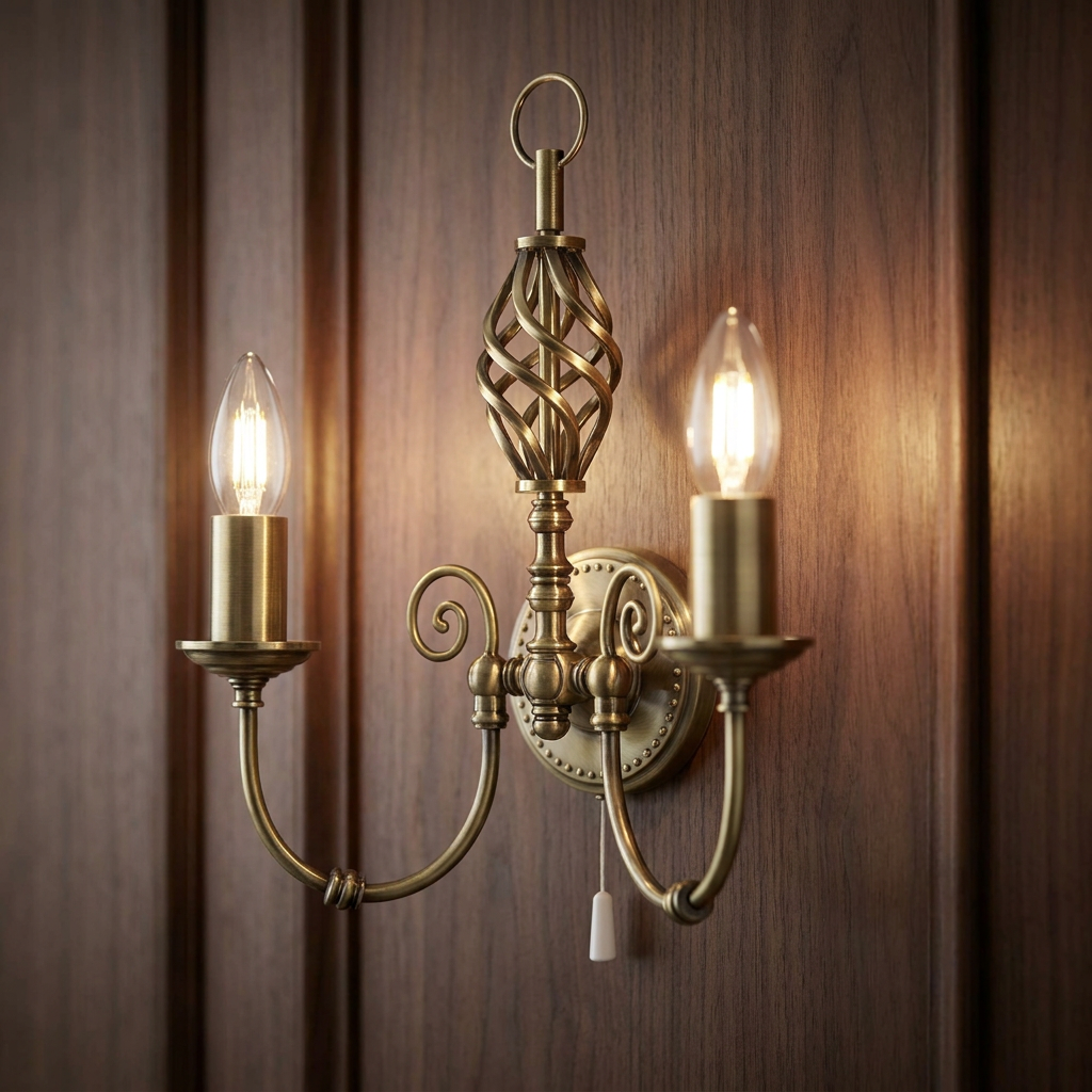 Antique brass 2-light wall sconce with candle bulbs and twisted cage detail on a wood-paneled wall.