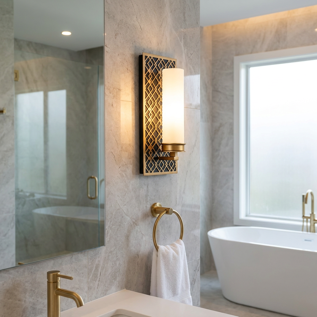 Art Deco-style gold wall light with geometric lattice and opal glass shade mounted on a marble bathroom wall.