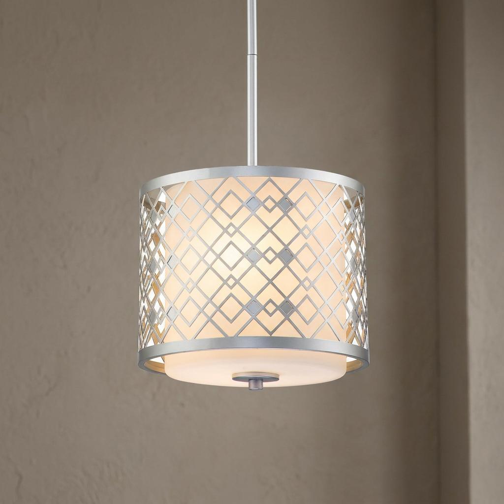 A small ceiling pendant light featuring a lacquered silver geometric lattice frame over a white drum shade.