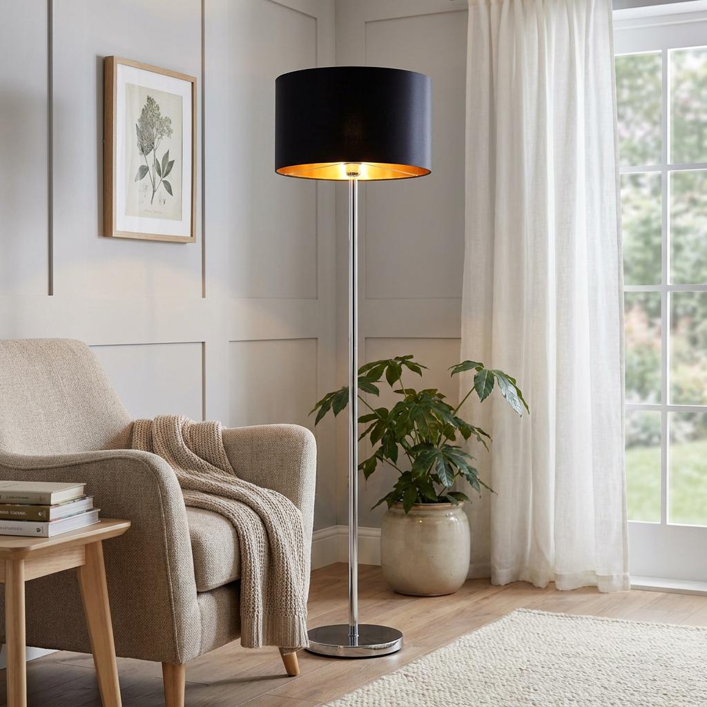 Eglo Maserlo Nickel Floor Lamp With Black & Gold Fabric Shade — shade or glass detail