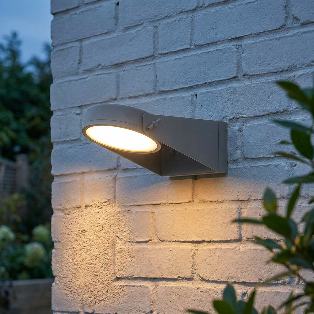 Modern grey wedge-shaped outdoor wall lantern emitting a warm glow on a white brick wall.