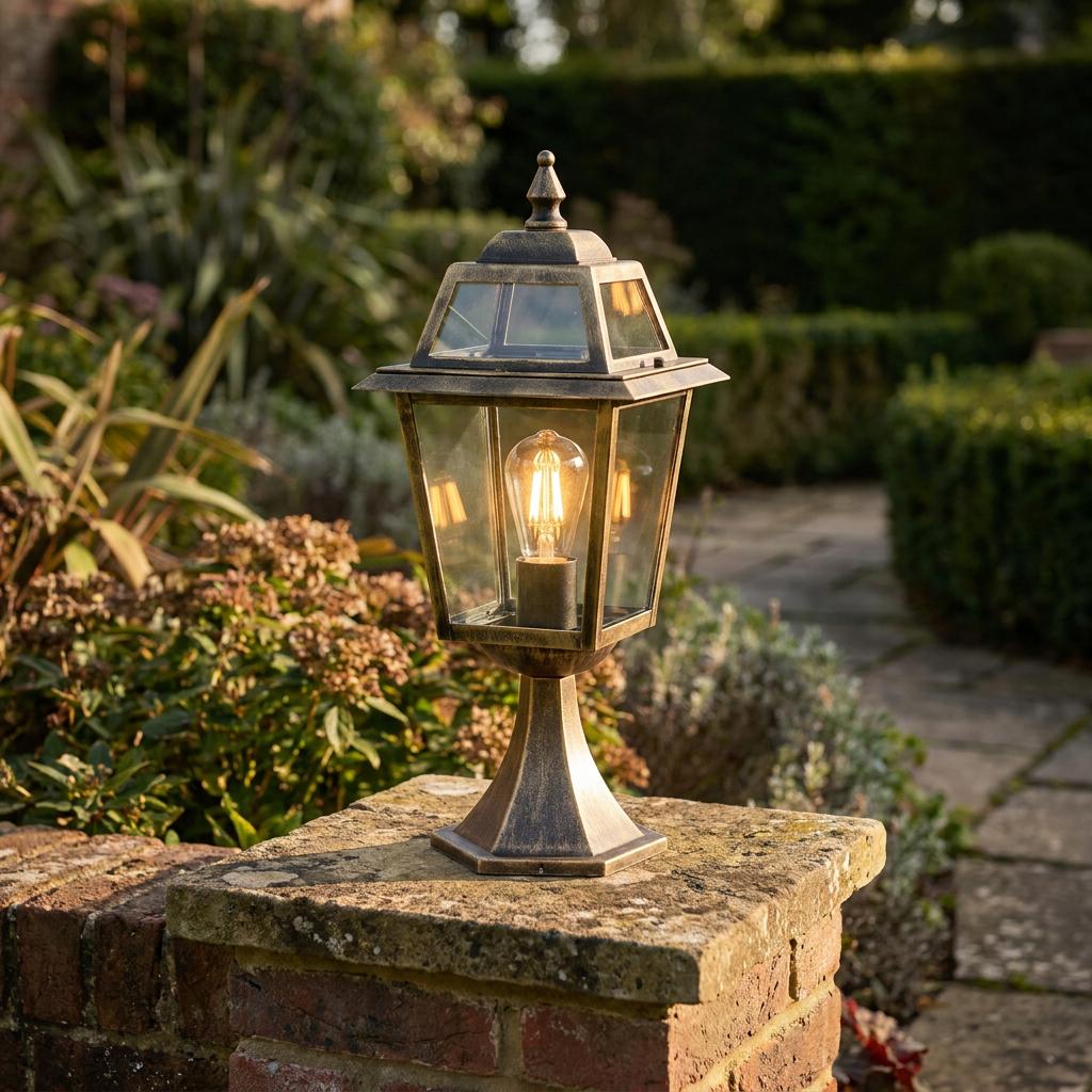Antique brass pedestal lantern with a glowing Edison bulb sits on a stone garden wall.