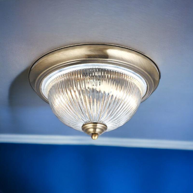 american diner antique brass finish and clear ribbed glass flush ceiling light