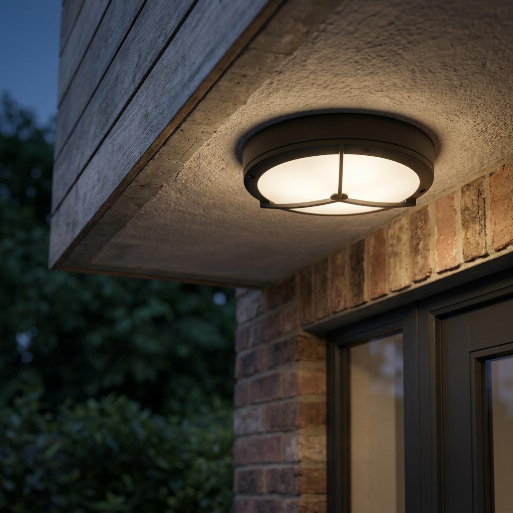 Modern black flush mount outdoor light with a cross-grid cage, glowing warm white under a concrete soffit at dusk.