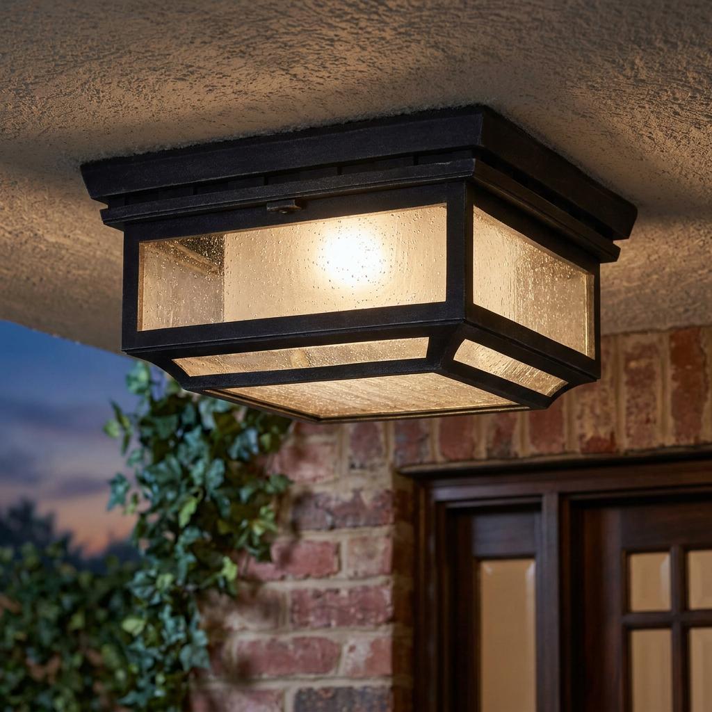 Black Mission-style outdoor flush mount ceiling light with seeded glass panels glowing on a porch.