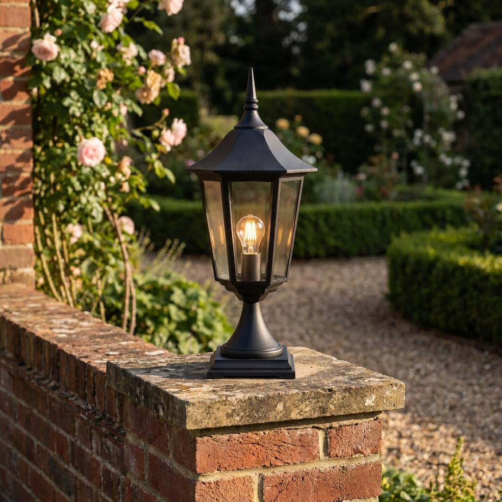 Black outdoor pedestal lantern with a lit bulb sitting on a brick wall pillar in a garden.