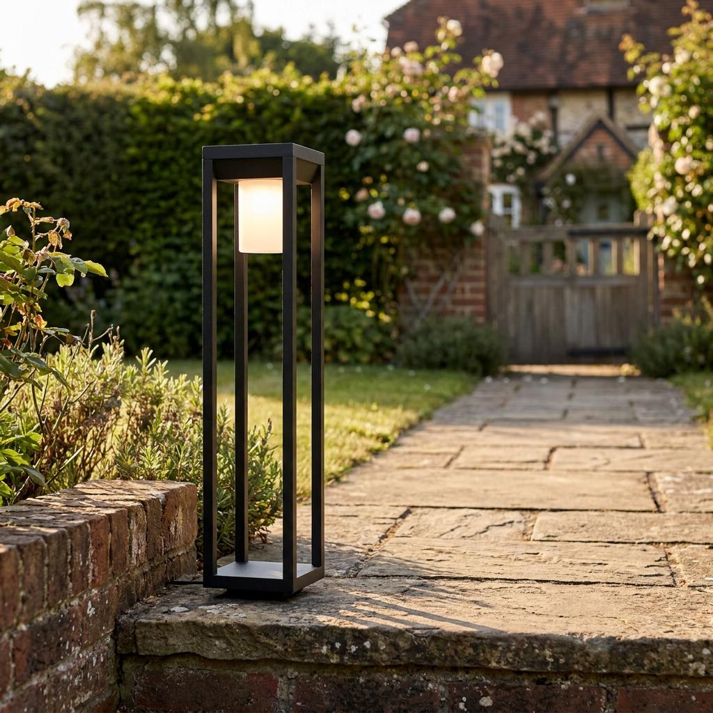 Modern black rectangular outdoor post light illuminated on a stone path beside a brick garden wall.