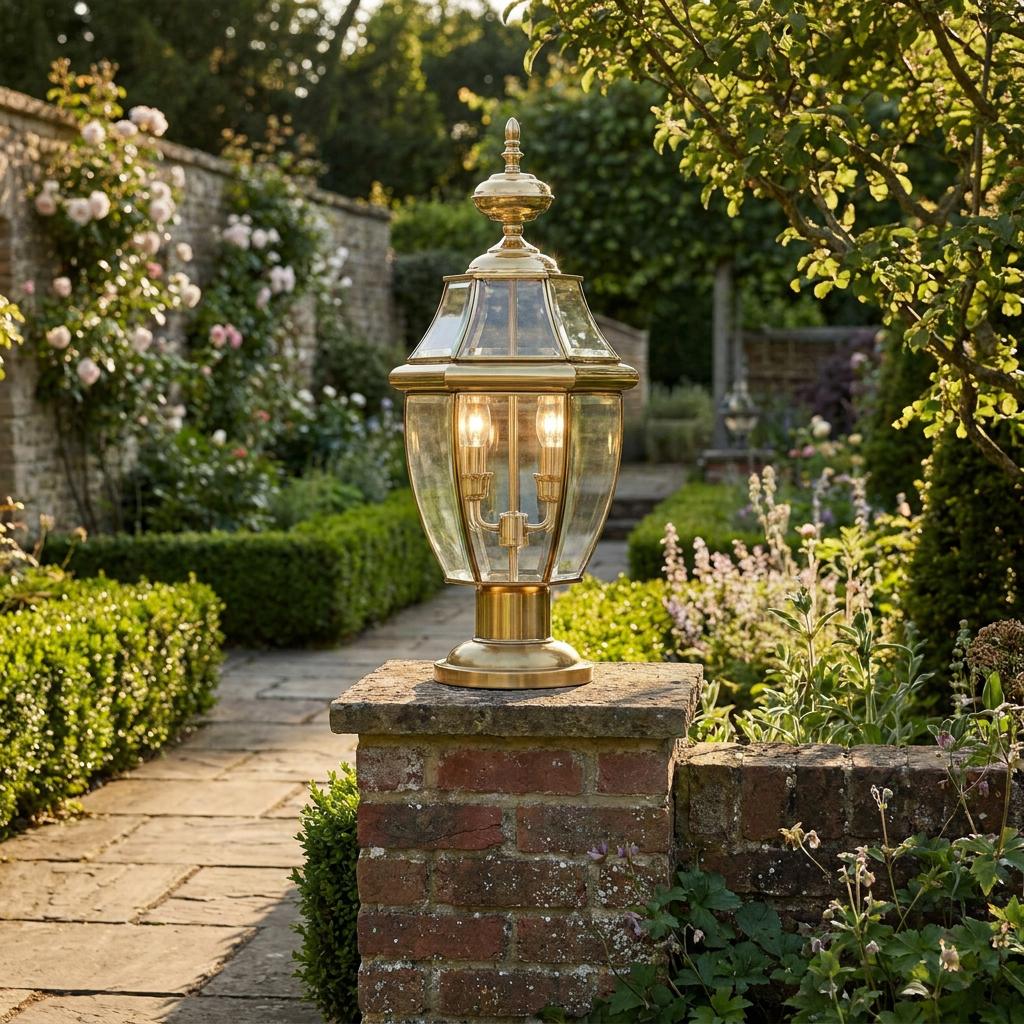 Traditional brass pedestal lantern illuminated on a brick pillar in a sunny garden.