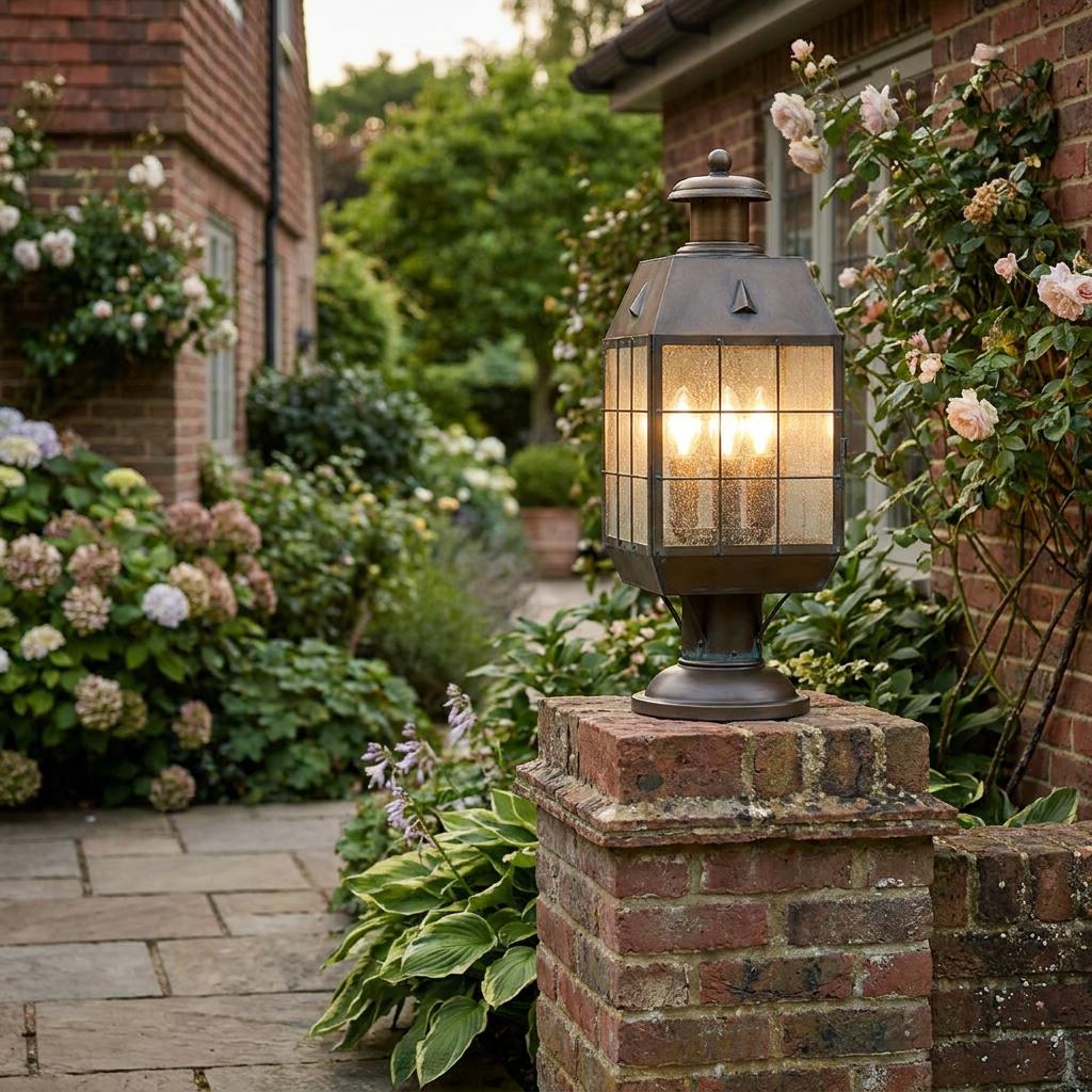 Bronze outdoor lantern with seeded glass panes atop a brick pillar in a garden path.
