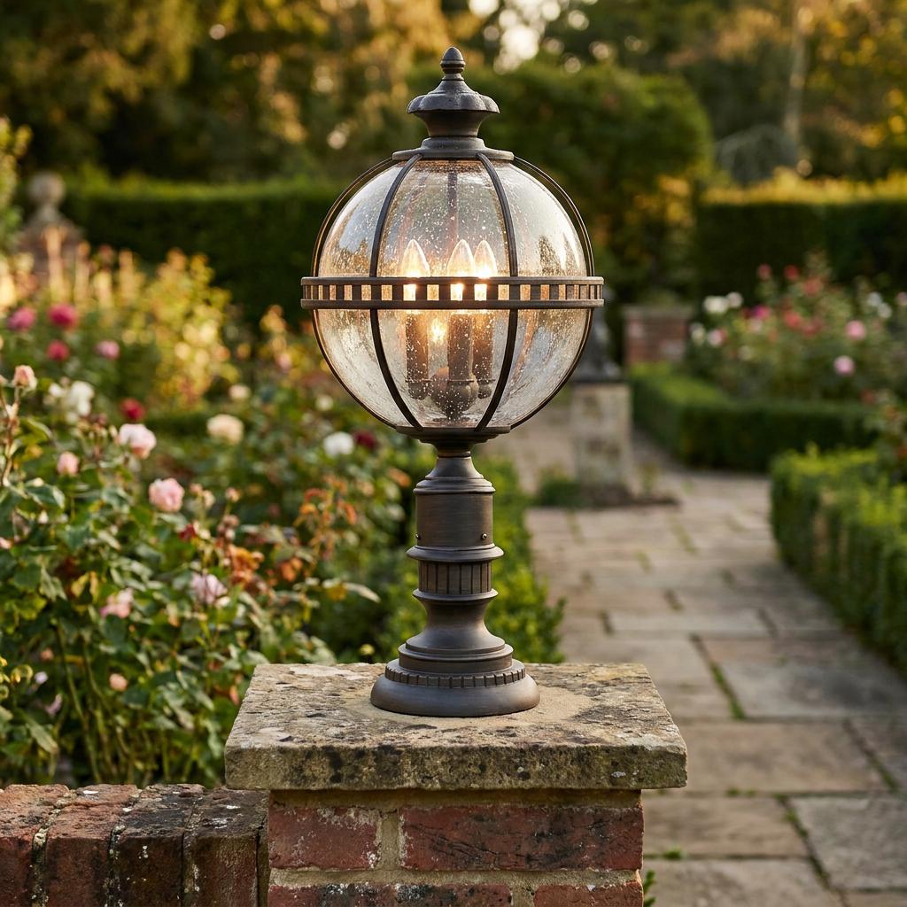 Bronze outdoor pedestal light with a seeded glass globe atop a brick wall in a blooming garden.