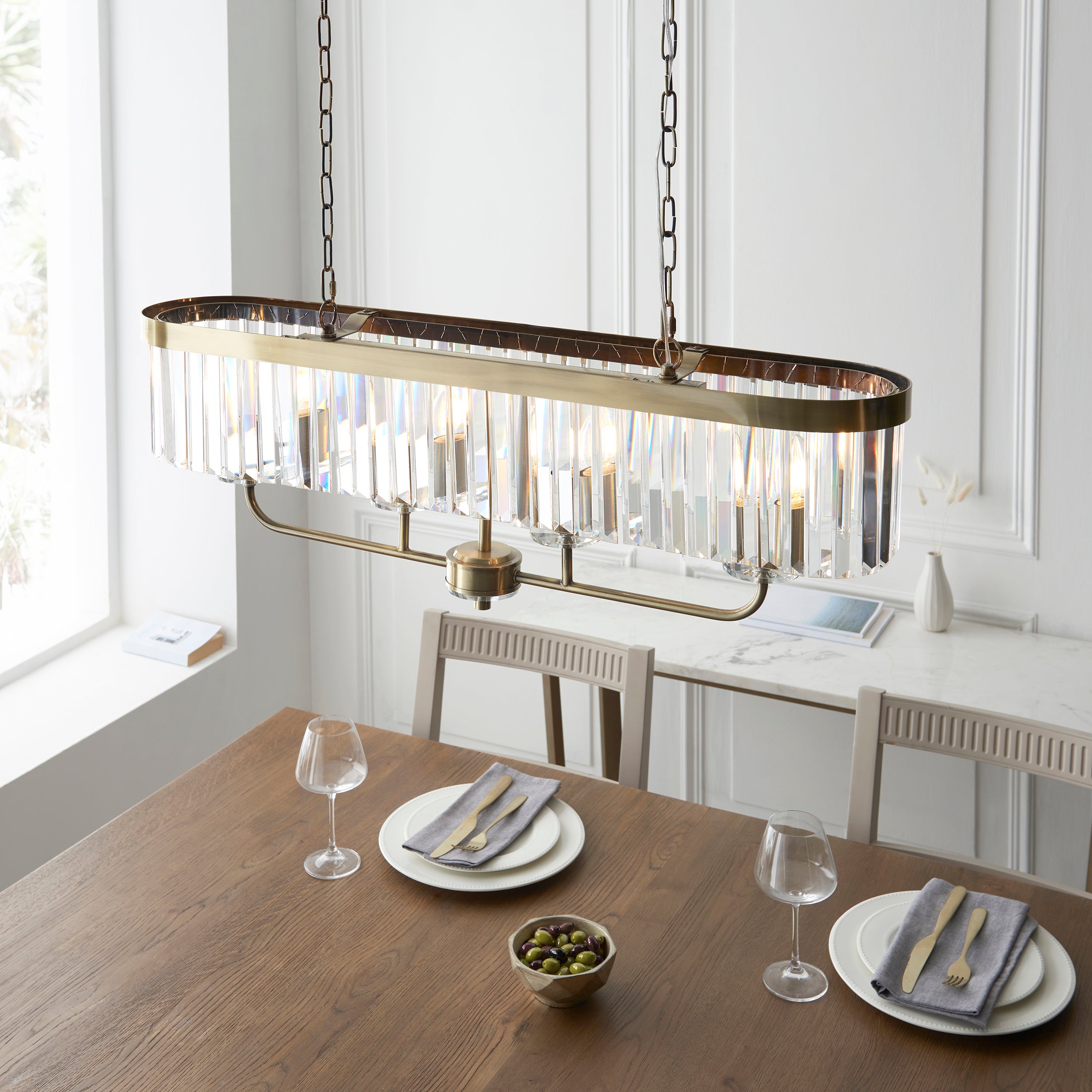 Ealing Brass 4 Light Linear Ceiling Pendant - Cut Faceted Glass