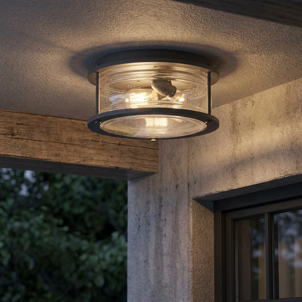 Circular black flush-mount outdoor ceiling light with clear glass, illuminated on a textured porch ceiling.